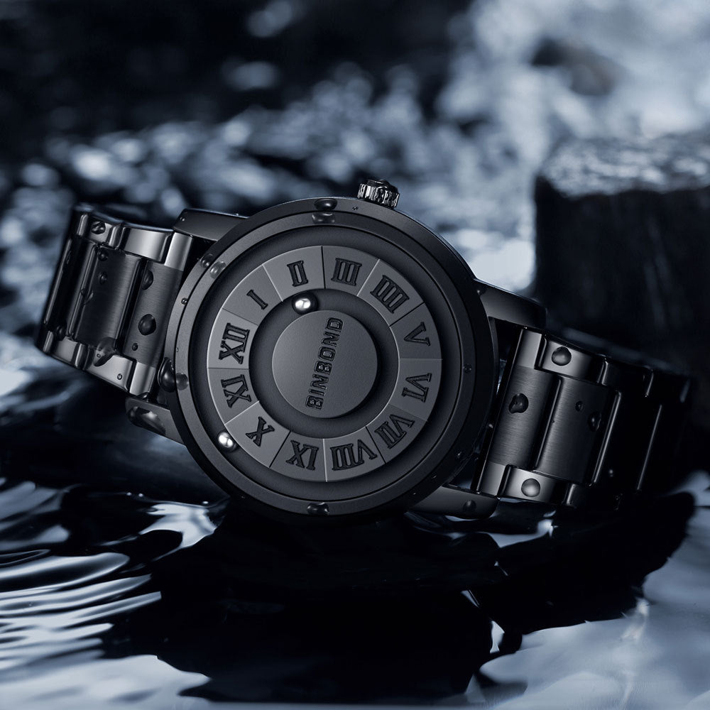 Men's Black Rotating Dial Watch - Steel Strap