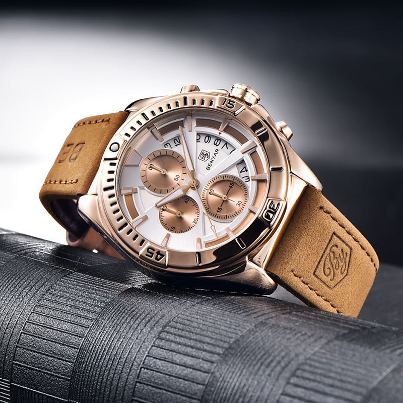 Men's Quartz Watch - Half-Fan Calendar, Folding Clasp