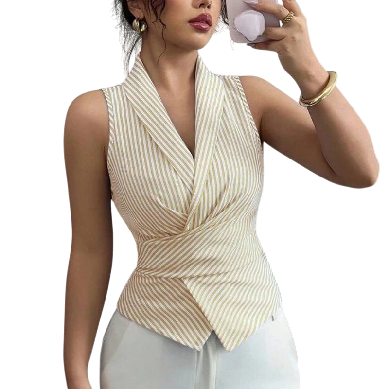 Cross-border European and American striped sleeveless shirt, 2025 summer, tie-waist slimming vest shirt, eBay foreign trade women's clothing