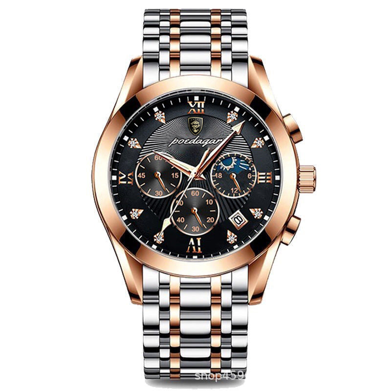 Men's Rose Gold Black Quartz Watch - Leather Strap, Calendar