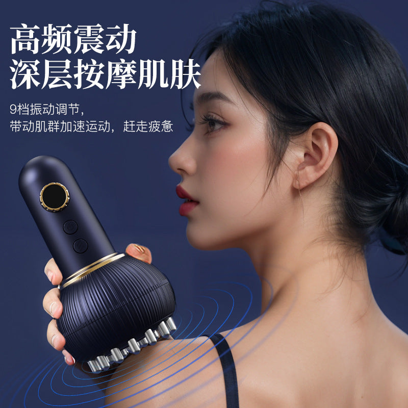 Electric meridian brush scraping device for shoulder and neck massage, abdominal massage, back slimming, belly slimming, and full-body massage and cupping.