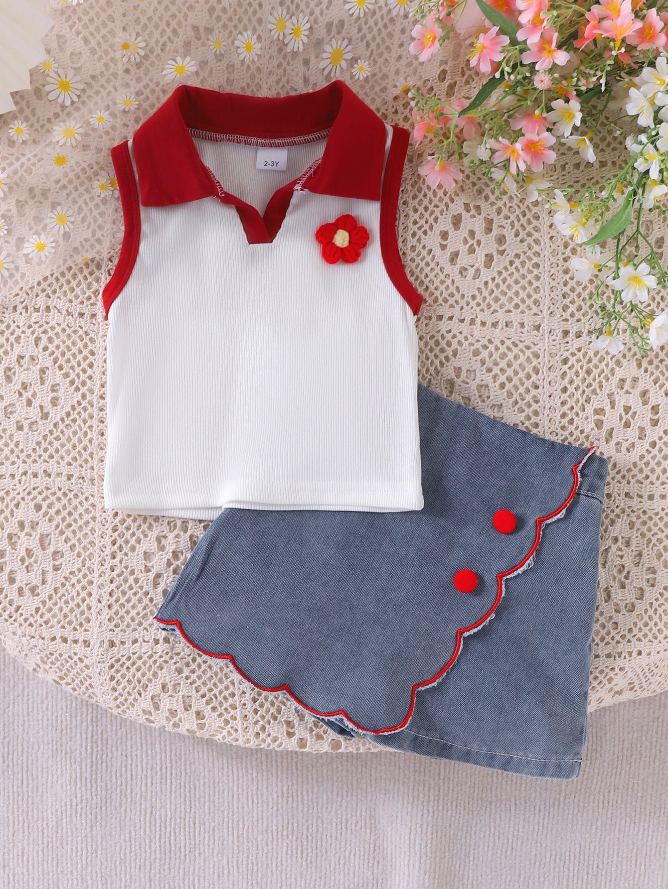 Cross-border foreign trade children's clothing European and American summer girls lapel sleeveless flower contrast vest lace denim shorts suit
