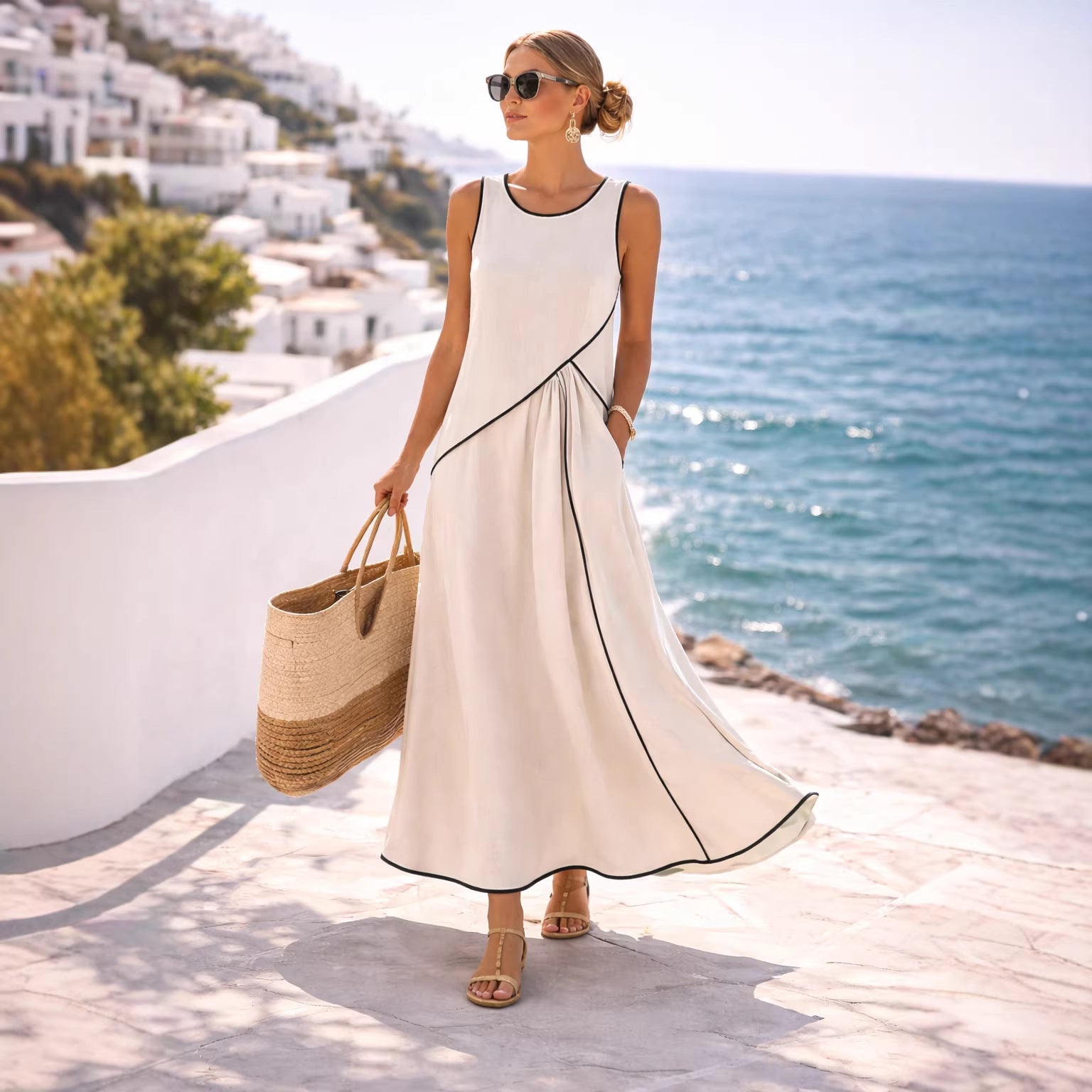 2026 Independent Website European and American Summer New Women's Clothing Mediterranean Resort Style Dress Women's Color Block Trim A-line Skirt