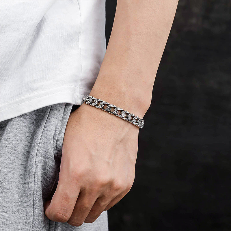 925 Sterling Silver Cuban Silver Bracelet for Men, Vintage Style, Handmade, Light Luxury, Tang Grass Pattern, Men's Jewelry Bracelet
