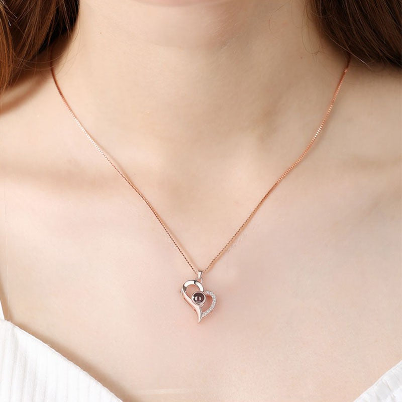 100 Languages S925 Sterling Silver Oblique Heart Memory Love Necklace I Love You Tik Tok Projection Gift No Fading
