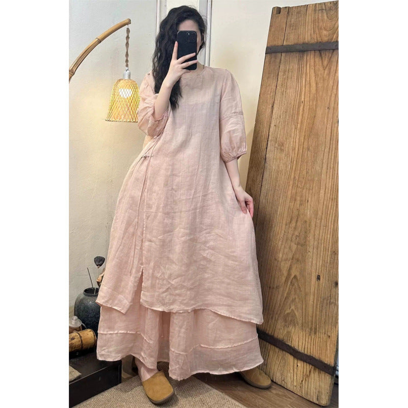 2026 Summer New Retro Niche Pure Ramie Handmade Chinese Style Dress with Folded Buttons and Tie