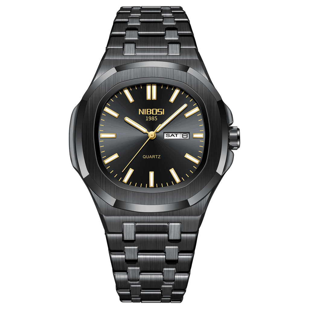 Men's Black Steel Quartz Watch - Waterproof, Luminous