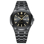 Men's Black Steel Quartz Watch - Waterproof, Luminous