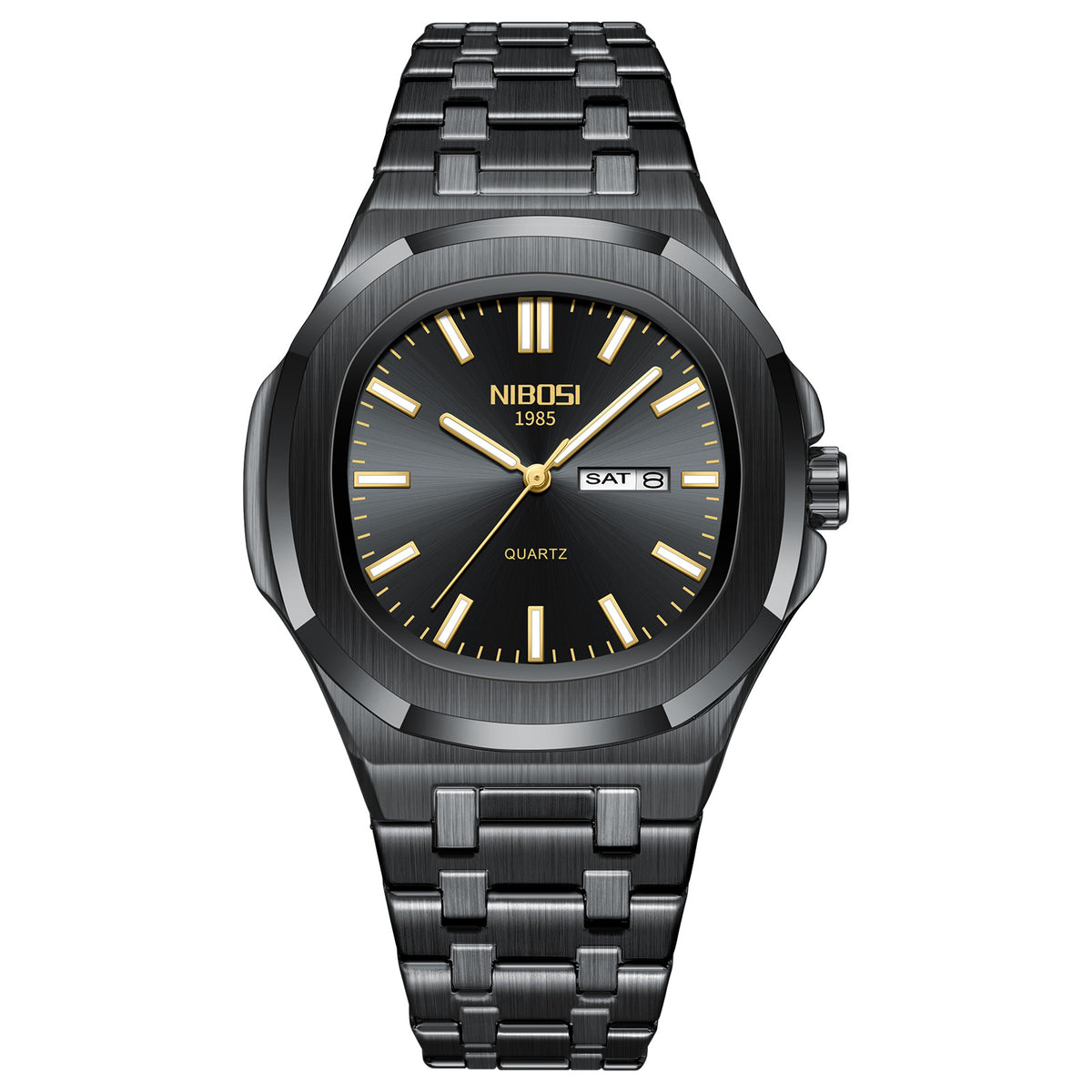 Men's Black Steel Quartz Watch - Waterproof, Luminous