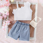 Amazon Girls Suit European and American Summer Oblique Shoulder Suspender Three-dimensional Flower Vest Ripped Denim Shorts Two-piece Set