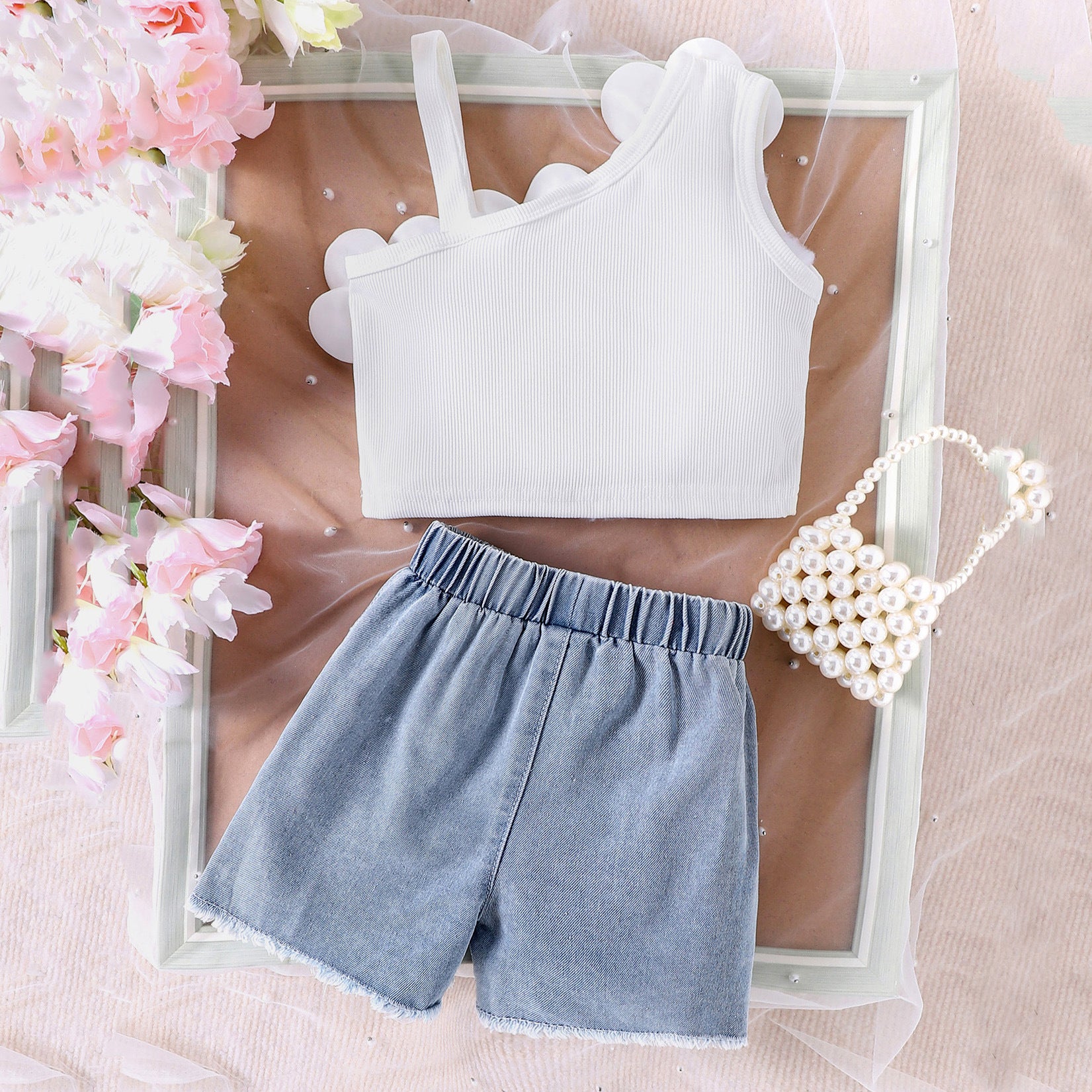 Amazon Girls Suit European and American Summer Oblique Shoulder Suspender Three-dimensional Flower Vest Ripped Denim Shorts Two-piece Set