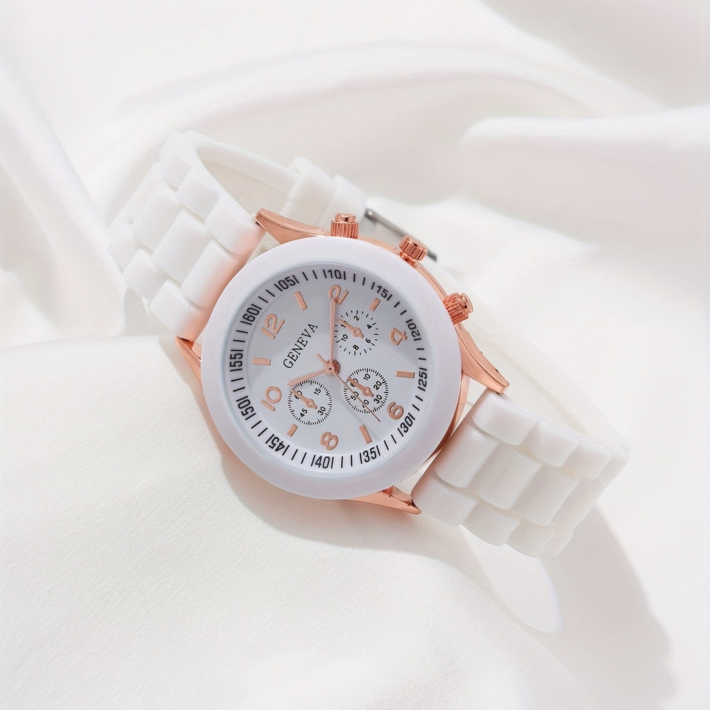 Women's White Heart-Design Quartz Watch - Silicone Strap