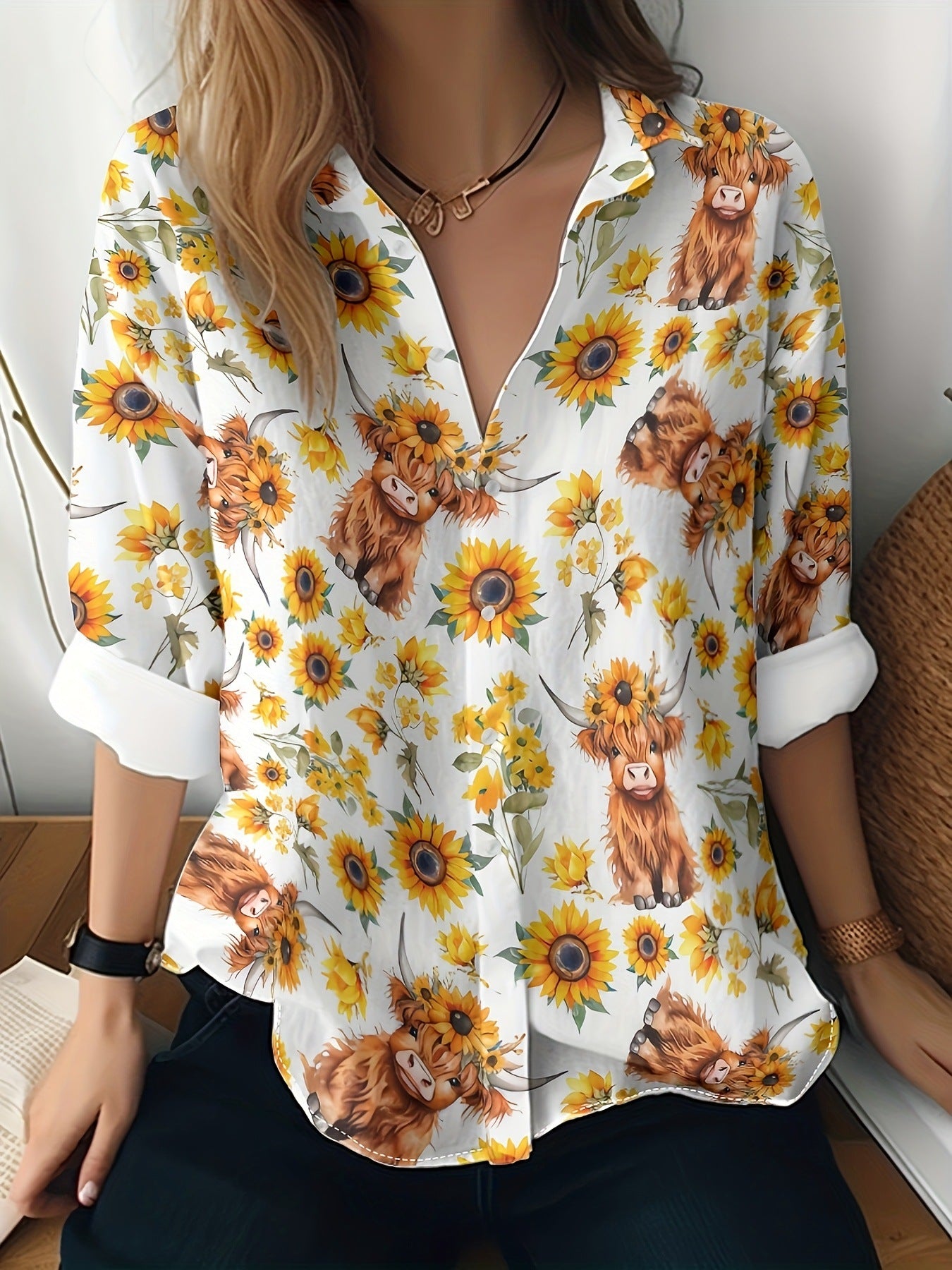Cat cross-border Amazon European and American women's 3D printed floral pattern long-sleeved shirt women's fashion tops