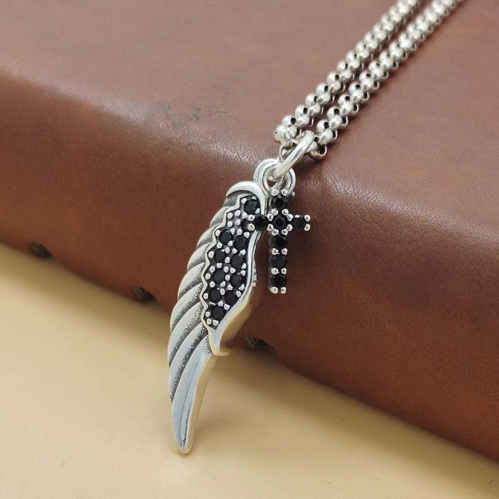 Angel Wing Pendant S925 Sterling Silver Trendy Personality Men and Women Cross Wings Fashion Black Diamond Small Pendant Trend