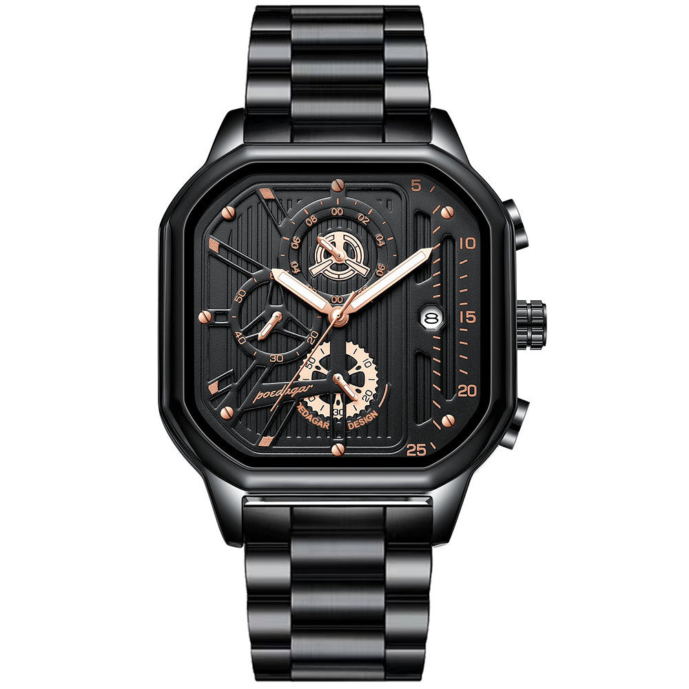 Men's Black Square Dial Quartz Watch - Leather, Waterproof