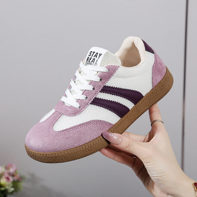 Women's Beige Flat Sneakers - Low-Top, Lace-Up