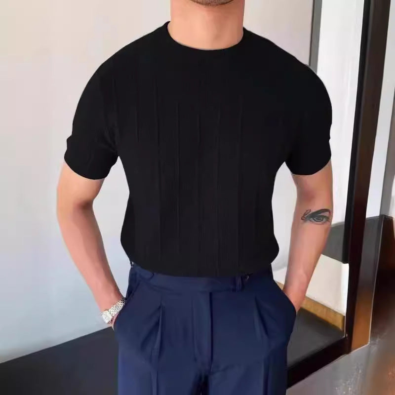 Men's Black Knit T-Shirt - Crew Neck, Short Sleeve