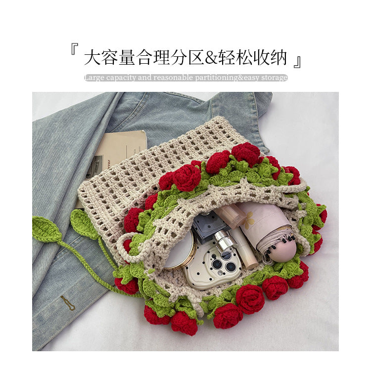 Cross-border rose bouquet blanket bucket bag handmade crochet knitting material kit wool knitting crossbody bag handmade crochet