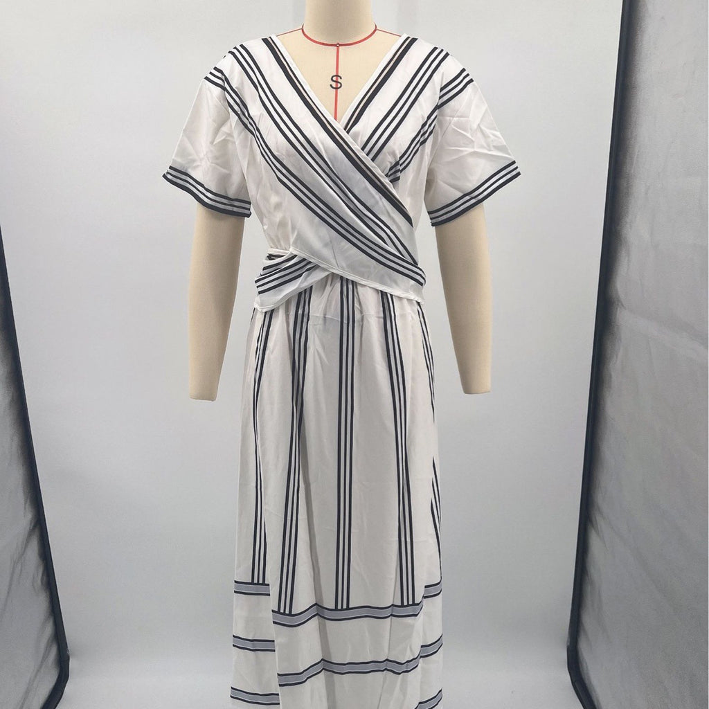 New European and American style summer vacation V-neck women's short-sleeved pleated maxi dress