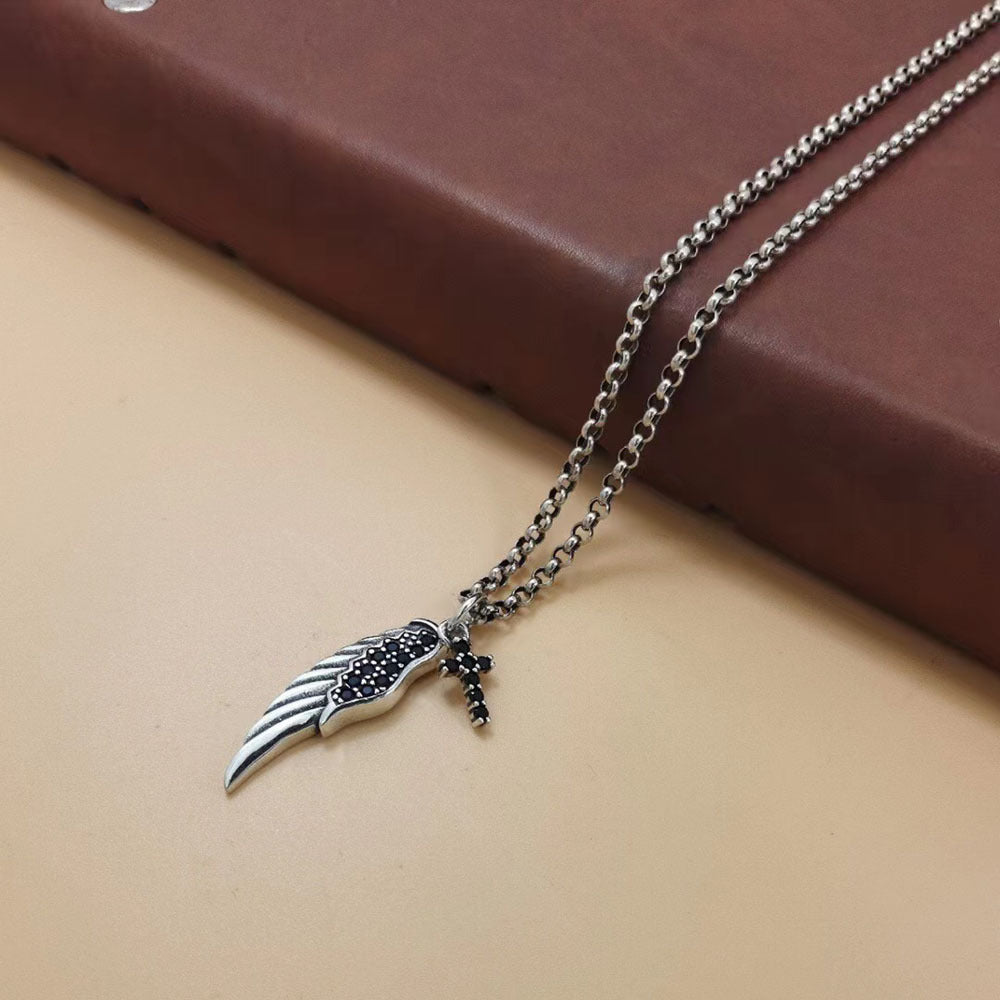 Angel Wing Pendant S925 Sterling Silver Trendy Personality Men and Women Cross Wings Fashion Black Diamond Small Pendant Trend