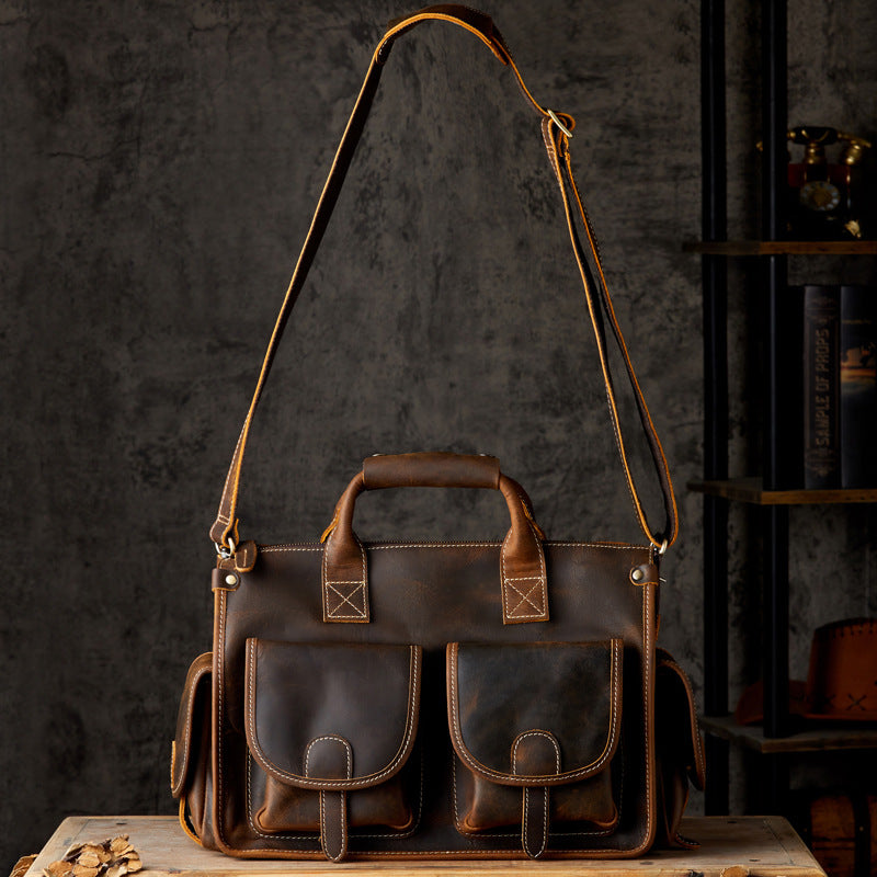 Original Handmade Crazy Horse Cowhide Men's Bag Head Layer Cowhide Shoulder Messenger Bag Genuine Leather Messenger Bag Handbag Travel Bag