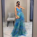 Cross-border 2025 European and American Spring/Summer New Mesh Printed Sundress, INS Vacation Casual Party Dress