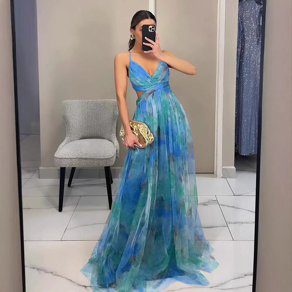 Cross-border 2025 European and American Spring/Summer New Mesh Printed Sundress, INS Vacation Casual Party Dress
