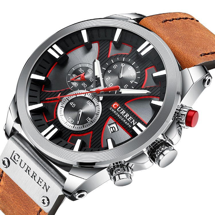 Men's Silver Black Multi-Hand Quartz Watch - Leather Strap