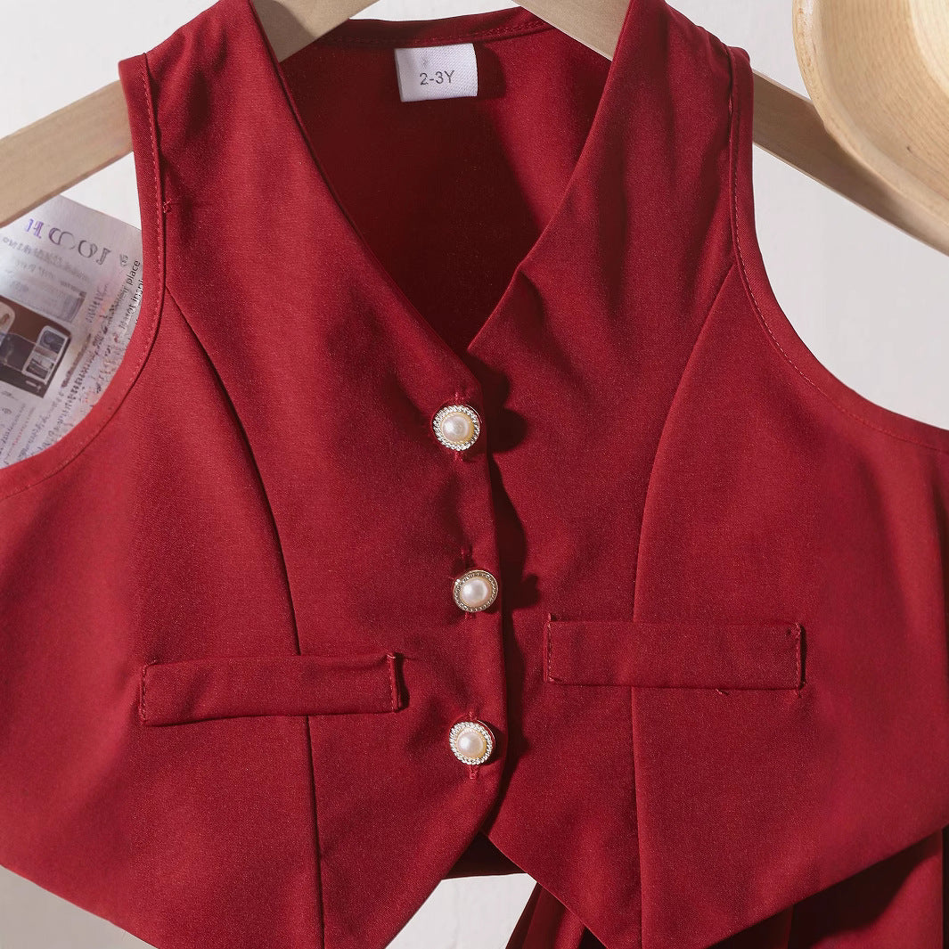 2025 Foreign Trade Cross-border European and American Summer Hot Selling Girls' Suit Small and Medium Children's Vest Top Pleated Skirt Factory Direct