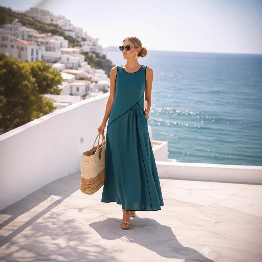 2026 Independent Website European and American Summer New Women's Clothing Mediterranean Resort Style Dress Women's Color Block Trim A-line Skirt