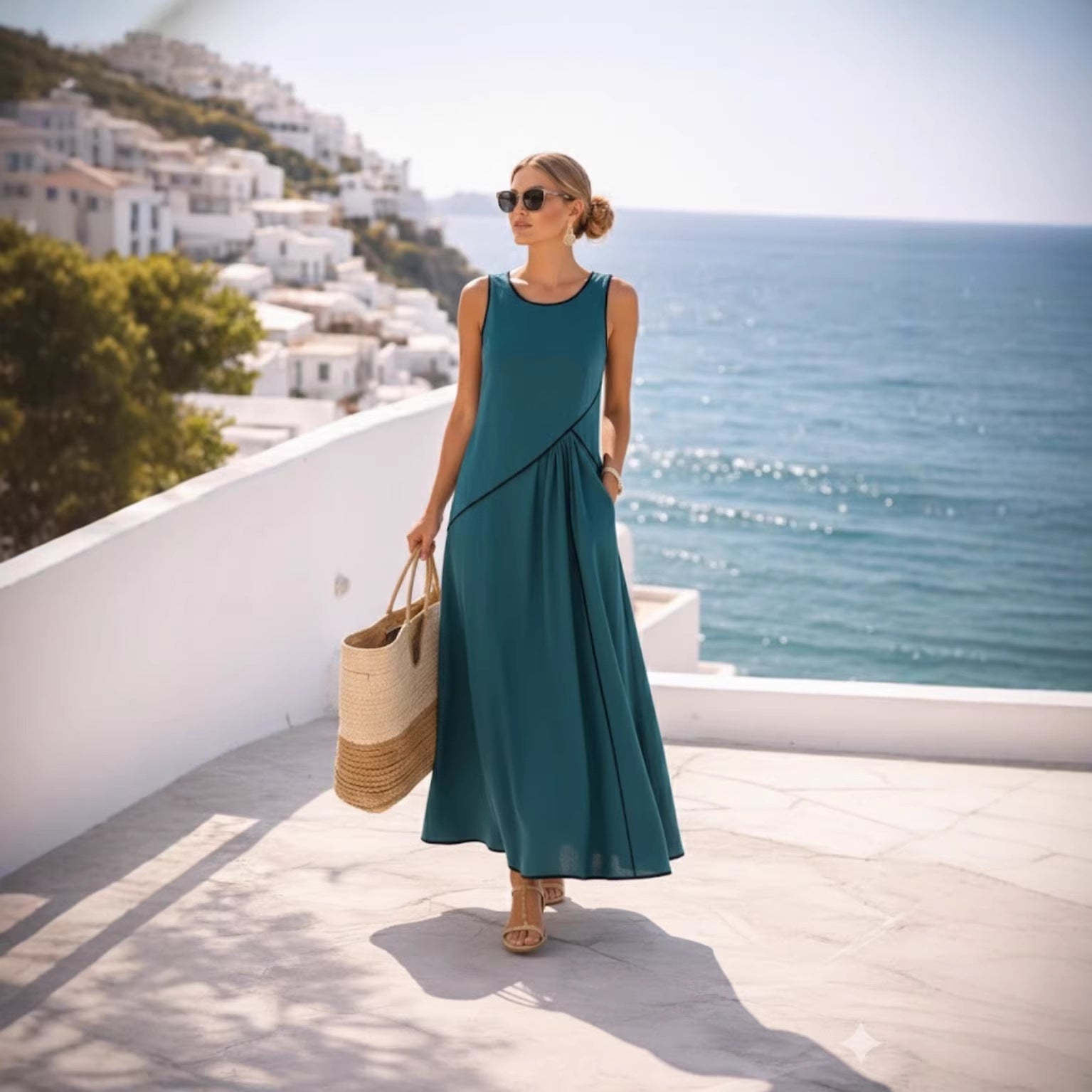 2026 Independent Website European and American Summer New Women's Clothing Mediterranean Resort Style Dress Women's Color Block Trim A-line Skirt