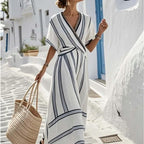 New European and American style summer vacation V-neck women's short-sleeved pleated maxi dress
