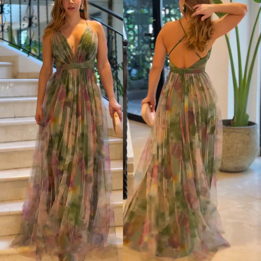 Cross-border 2025 European and American Spring/Summer New Mesh Printed Sundress, INS Vacation Casual Party Dress