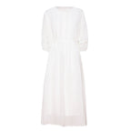 2024 Spring/Summer New Arrival: White Flowy Linen Lace-Trimmed Lantern Sleeve Tie-Waist Slimming Dress