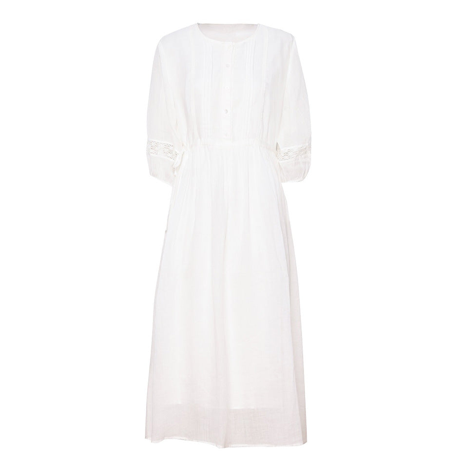 2024 Spring/Summer New Arrival: White Flowy Linen Lace-Trimmed Lantern Sleeve Tie-Waist Slimming Dress