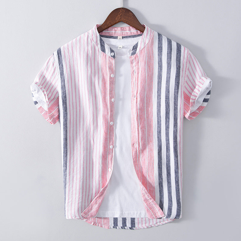 Men's Blue Striped Linen Shirt – Short Sleeve | Aladinae