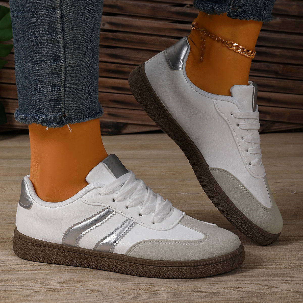 Women's Beige Flat Sneakers - Low-Top, Lace-Up