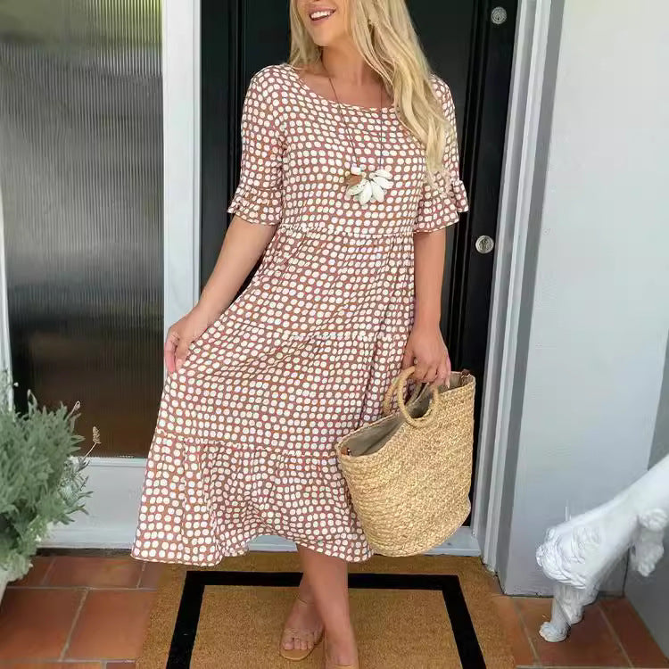 New European and American style women's clothing, best-selling summer round neck printed short-sleeved dress on Amazon independent website.