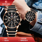 Reward brand genuine multifunctional sports foreign trade three-eye watch calendar luminous waterproof solid steel belt men's watch
