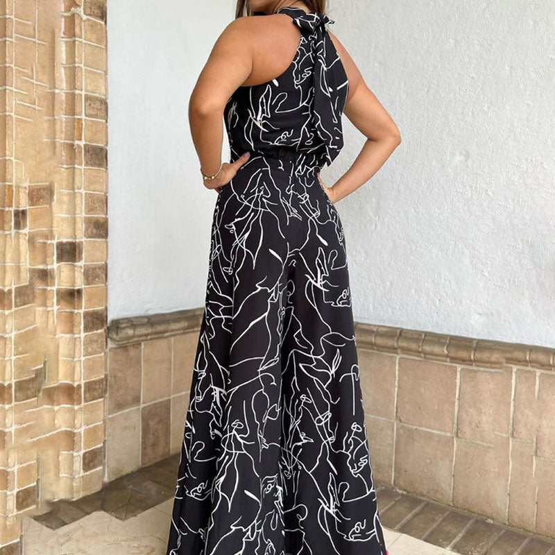2024 Amazon Cross-Border Summer European and American Women's Clothing INS New Fashion Round Neck Tie-Waist Slim Printed Jumpsuit