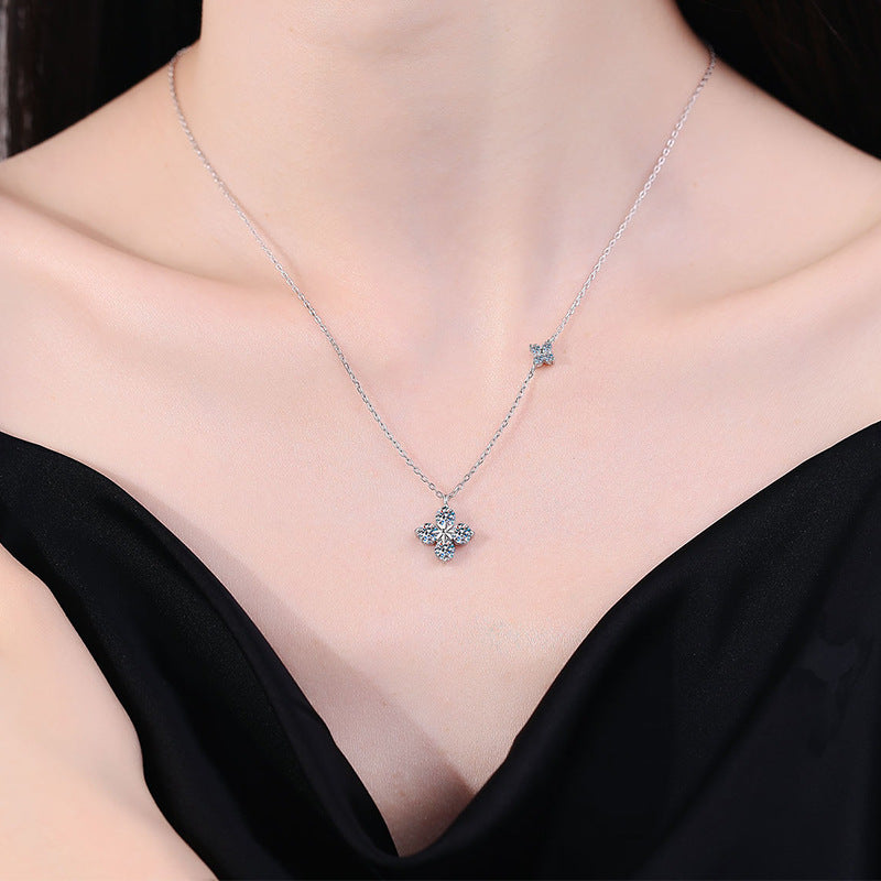 S925 Sterling Silver Four-Leaf Clover Clavicle Necklace with 1.2 Carat Moissanite Pendant - High-End Style, Niche Luxury, Colorfast