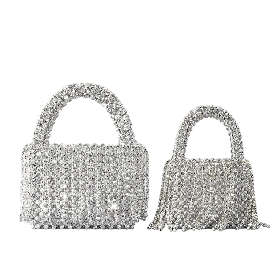 New acrylic tassel handbag women's diy handmade beaded woven bag bling silver beads evening bag