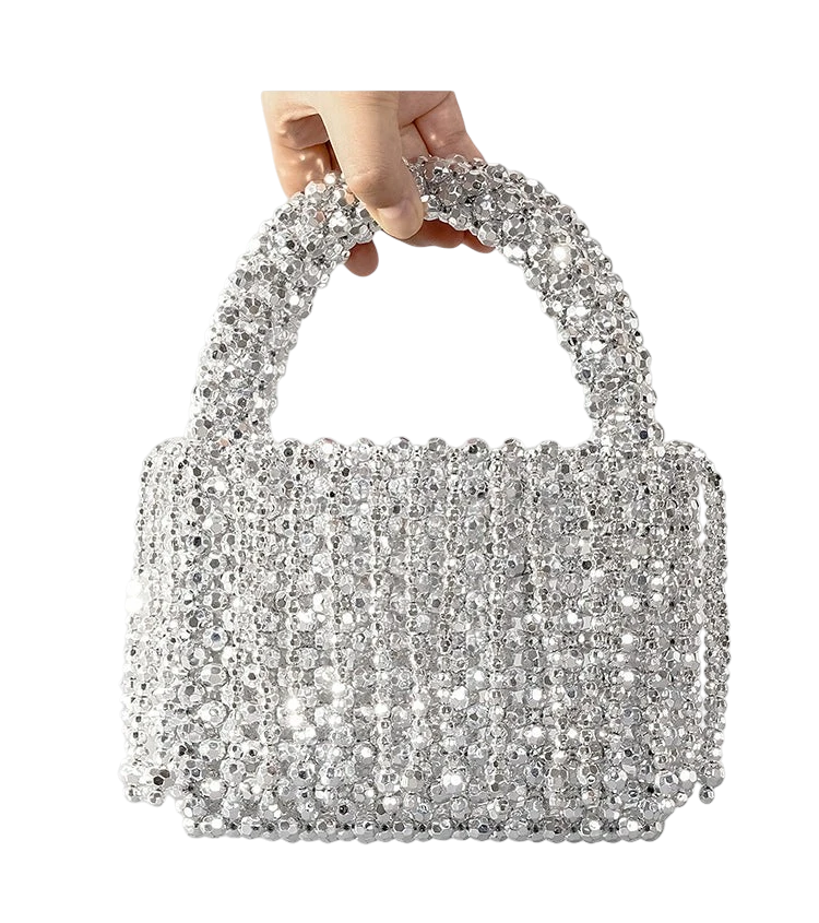 New acrylic tassel handbag women's diy handmade beaded woven bag bling silver beads evening bag