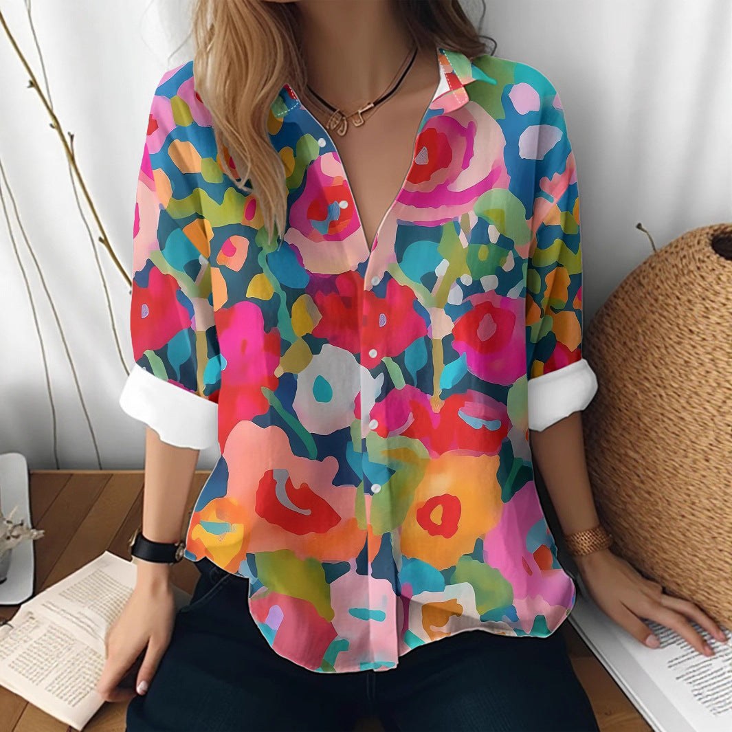 Cat cross-border Amazon European and American women's 3D printed floral pattern long-sleeved shirt women's fashion tops