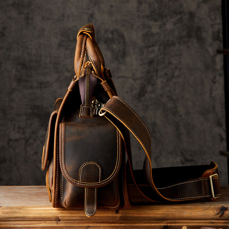 Original Handmade Crazy Horse Cowhide Men's Bag Head Layer Cowhide Shoulder Messenger Bag Genuine Leather Messenger Bag Handbag Travel Bag