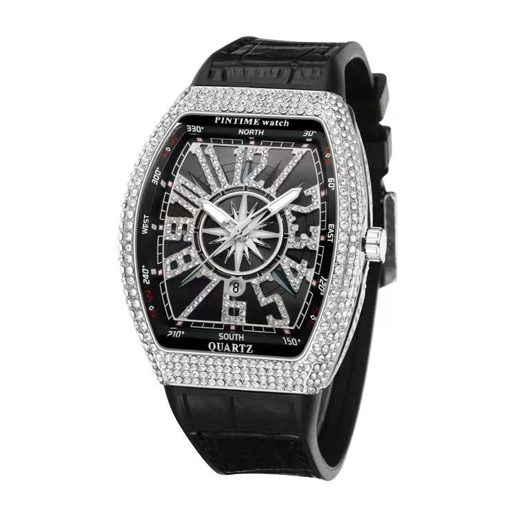 Men's Rose Blue Crystal Barrel Watch - Quartz, Leather Strap