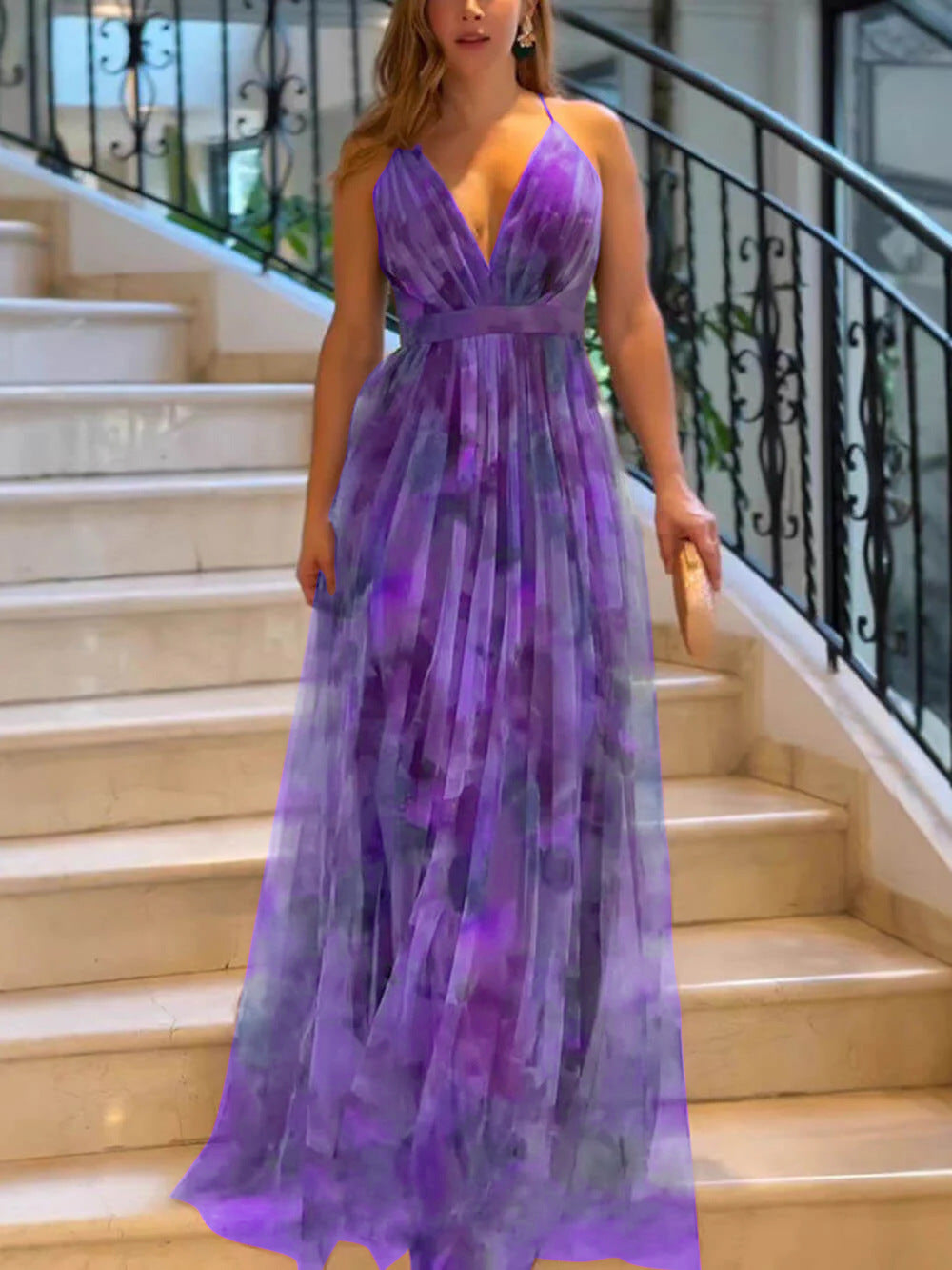 Cross-border 2025 European and American Spring/Summer New Mesh Printed Sundress, INS Vacation Casual Party Dress