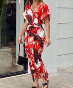 European and American cross-border 2024 Amazon summer new women's clothing printed lapel short-sleeved waist long shirt dress