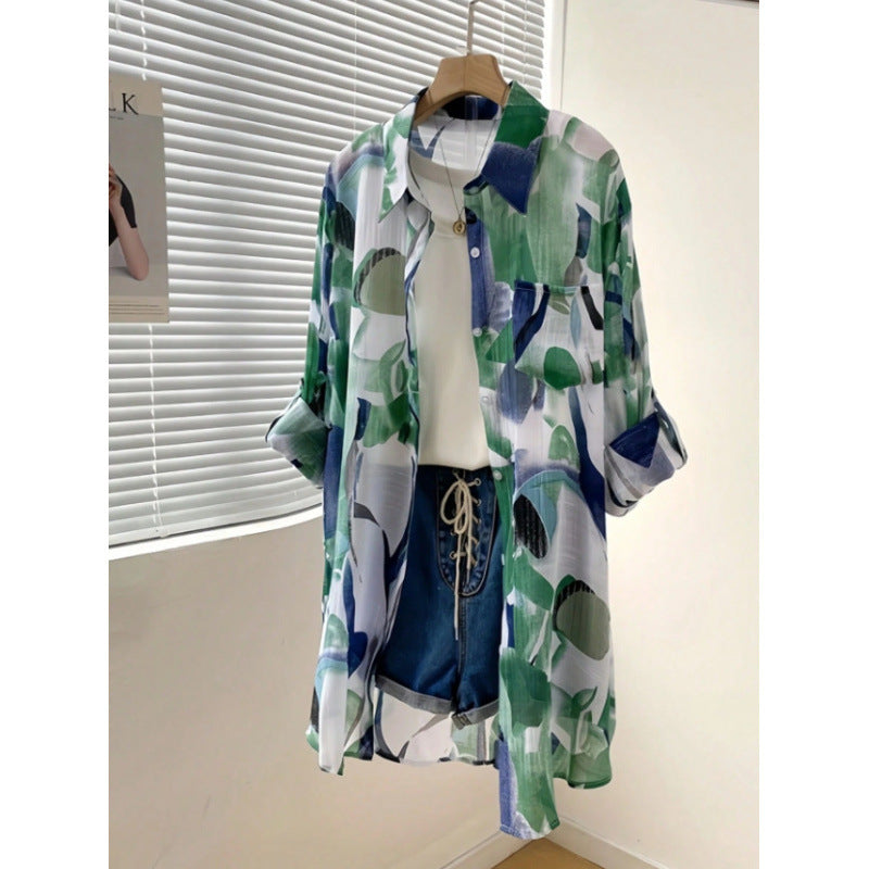 Amazon mid-length loose chiffon blouse with green and blue color blocking abstract print, lightweight and breathable, 2026 European and American cross-border style.