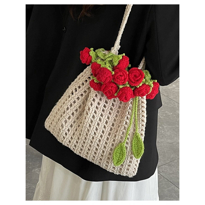 Cross-border rose bouquet blanket bucket bag handmade crochet knitting material kit wool knitting crossbody bag handmade crochet